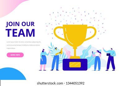 People characters standing together near gold trophy cup. Join our team vector illustration concept. Flat style illustration for web.