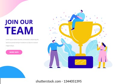 People characters standing together near gold trophy cup. Join our team vector illustration concept. Flat style illustration for web.