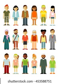 People characters standing together set. Different ethnic smiling multicultural persons in flat style isolated on white background