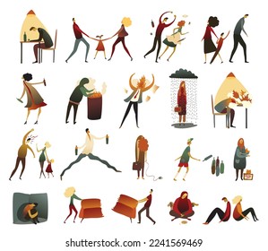 People Characters with Stressful Emotion Feeling Unhappy Big Vector Set