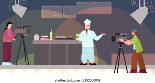 People characters at studio filming culinary program flat style, vector illustration. Chef broadcasting, videographers recording cooking TV show. Television and culinary concept