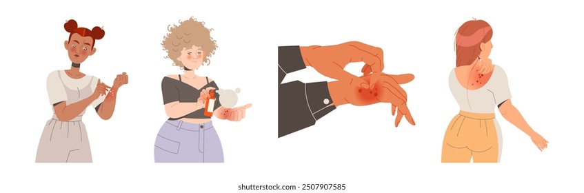 People Characters Suffering from Neurodermatitis Itching, Excessive Rubbing and Scratching Skin Vector Set