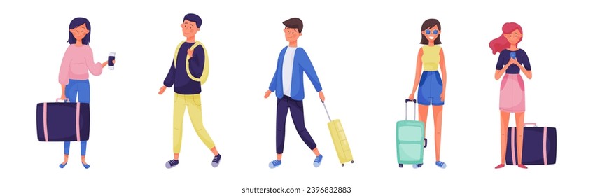People Characters with Suitcase and Luggage Travel Vector Set