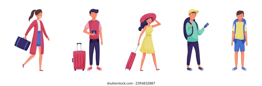 People Characters with Suitcase and Luggage Travel Vector Set