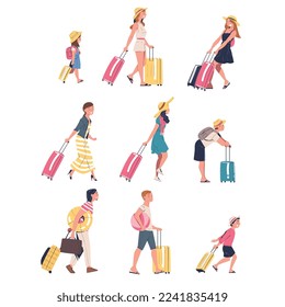 People Characters with Suitcases Going on Summer Vacation Having Journey Vector Set