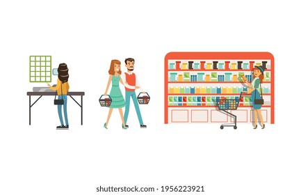 People Characters in Supermarket with Shopping Cart Buying Grocery Products Vector Illustration Set