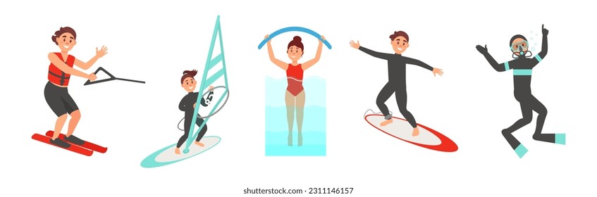 People Characters Swimming and Doing Water Sport Vector Illustration Set