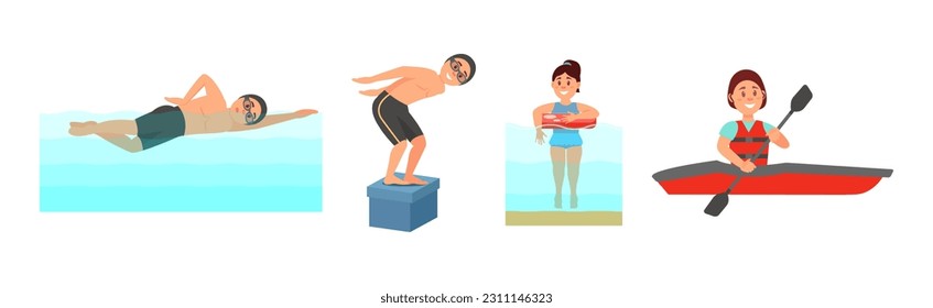 People Characters Swimming and Doing Water Sport Vector Illustration Set