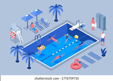 Personajes de la gente nadando en la piscina pública en verano. Hombre y mujer con traje de baño para tomar el sol, mentir y flotar en el agua. Concepto de vacaciones de verano. Ilustración de vectores isométricos planos.