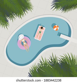 People Characters Swimming in Public Swimming Pool in Summer. Man and Woman wearing Swimsuits Sunbathing, Lying and Floating on Water. Summer Vacation Concept. Flat Isometric Vector Illustration.