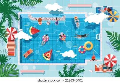 People Characters Swimming in Public Swimming Pool in Summer. Man and Woman wearing Swimsuits Sunbathing, Lying and Floating on Water. Summer Vacation Concept. Flat Isometric Vector Illustration.