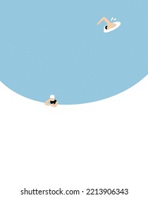 People Characters Swimming in Public Swimming Pool in Summer. Swimmer in the sea or ocean. Summer relaxation by the pool. Top view background. Simple graphic, Landing Page, Trendy vector illustration.