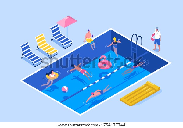 People Characters Swimming in Public Swimming Pool in
Summer. Man and Woman wearing Swimsuits Sunbathing,  Lying and
Floating on Water. Summer Vacation Concept. Flat Isometric Vector
Illustration. 