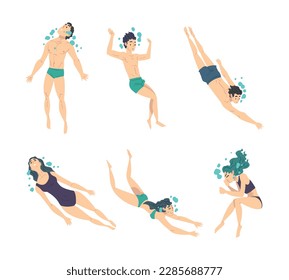 People Characters Swimming in Water Diving and Plunging with Bubbles Vector Set