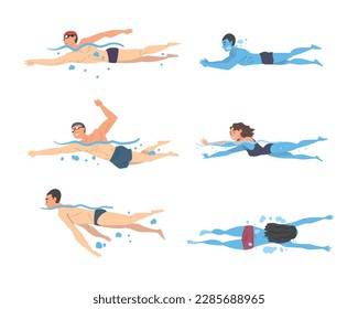 People Characters Swimming in Water Diving and Plunging with Bubbles Vector Set