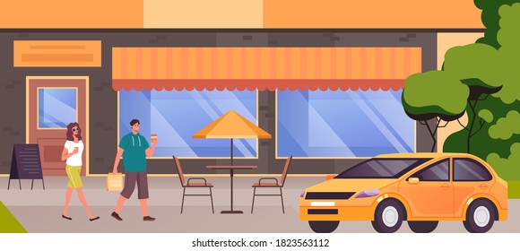 People characters taking away food from cafe concept. Vector flat cartoon graphic design illustration
