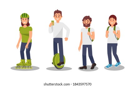 People Characters Taking Care of the Environment and Using Eco Friendly Transport Vector Illustration Set