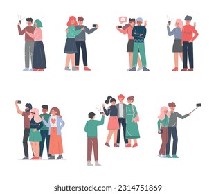 People Characters Taking Photos Selfie with Smartphone Vector Set