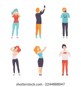 People Characters Taking Photos with Smartphone and Camera Making Frame Gesture Vector Set