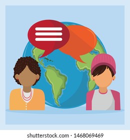 People characters talking around the world by chat bubbles cartoons ,vector illustration.