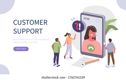 People Characters talking with Customer Support. Woman and Man Ask Questions and receive Answers. Online Support Call center. Frequently Asked Questions Concept. Flat isometric Vector Illustration.