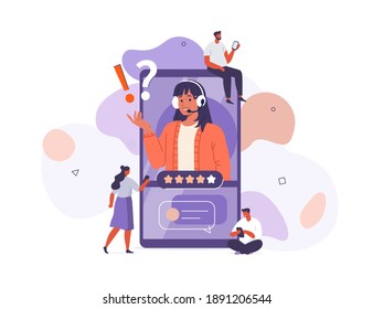 People Characters talking with Customer Support. Woman and Man Ask Questions and receive Answers. Online Support Call center. Frequently Asked Questions Concept. Flat Cartoon Vector Illustration.