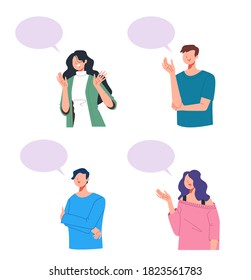 Los personajes de la gente hablando en un conjunto aislado. Ilustración de diseño gráfico plano vectorial