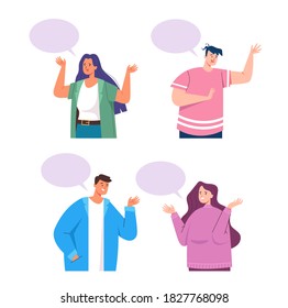 Los personajes de la gente hablando en un conjunto aislado. Ilustración de diseño gráfico plano vectorial