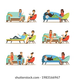 People Characters Talking to Psychologist Engaged in Counseling Psychology Vector Illustration Set