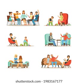 People Characters Talking to Psychologist Engaged in Counseling Psychology Vector Illustration Set
