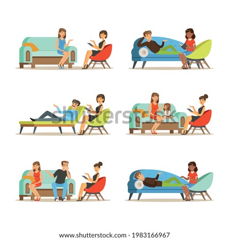 People Characters Talking to Psychologist Engaged in Counseling Psychology Vector Illustration Set