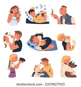 People Characters with Their Favorite Pets Cuddling and Loving Them Vector Illustration Set