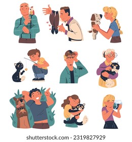 People Characters with Their Favorite Pets Cuddling and Loving Them Vector Illustration Set