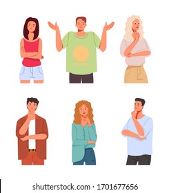 People characters think in different position isolated set collection. Vector flat cartoon graphic design illustration