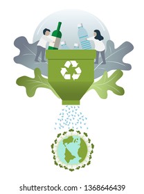 People Characters are throw plastic bottle&Glass Bottle in Green Recycle bin.Then Recycle bin crushing plastic bottle to be plastic flake.Recycle&Protect the Environment concept