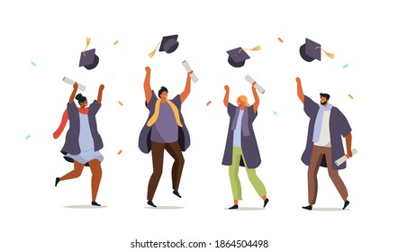 People Characters Throwing Graduation Hats in the Air. Graduate Students celebrate End of the School, College or University. Flat Cartoon Vector Illustration.