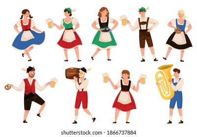 Personajes de la gente en disfraces bávaros tradicionales que tocan instrumentos musicales y llevan un juego de ilustraciones de vectores de cerdos