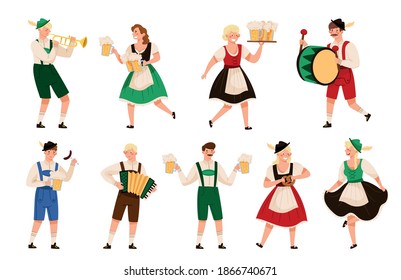 People Characters in Traditional Bavarian Costumes Playing Musical Instrument and Carrying Beer Mug Vector Illustration Set