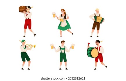 People Characters In Traditional Bavarian Costumes Playing Musical Instrument And Carrying Beer Mug Vector Illustration Set