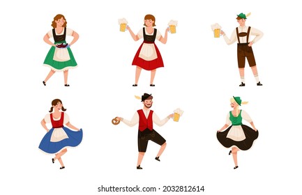 People Characters in Traditional Bavarian Costumes Carrying Beer Mug and Dancing Vector Illustration Set