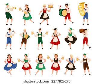 People Characters in Traditional Bavarian Costumes Playing Musical Instrument and Carrying Beer Mug Big Vector Set