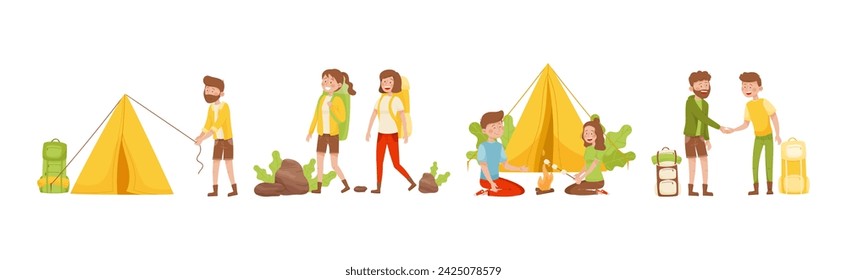 People Characters Travel with Backpack Enjoy Tourism and Journey Vector Set