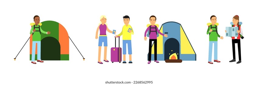 People Characters Travel with Luggage and Suitcases Vector Set