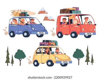 People Characters Traveling by Car with Luggage Trunks on Top Having Trip on Vacation Vector Set