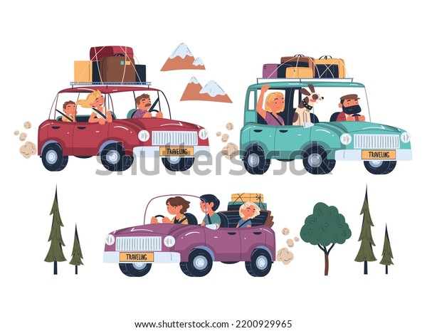 People Characters Traveling by Car\
with Luggage Trunks on Top Having Trip on Vacation Vector\
Set
