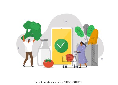 People Characters with Trolley Buying Grocery Food Products in Mobile App. Order and Delivery in Online Supermarket. Grocery Shopping Online Concept. Flat Cartoon Vector Illustration. 
