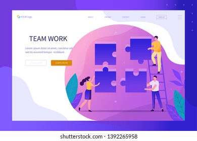 People characters trying to connect puzzle pieces. Teamwork, partnership and creativity concept.  Business team working together.  Flat  modern vector illustration.