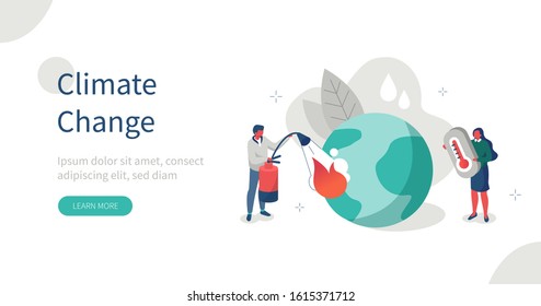 People Characters Trying To Save Planet Earth.Woman Holding Thermometer Showing Hot Temperature. Man Put Out Big Fire. Global Warming And Climate Change Concept. Flat Isometric Vector Illustration.
