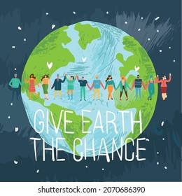 People Characters trying to Save Planet Earth. Global Warming and Climate Change Concept.