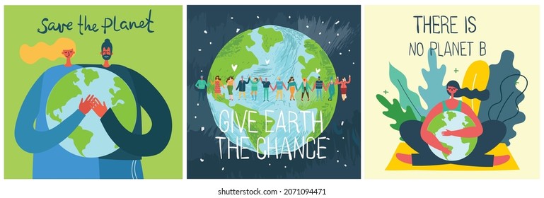 People Characters trying to Save Planet Earth. Global Warming and Climate Change Concept.